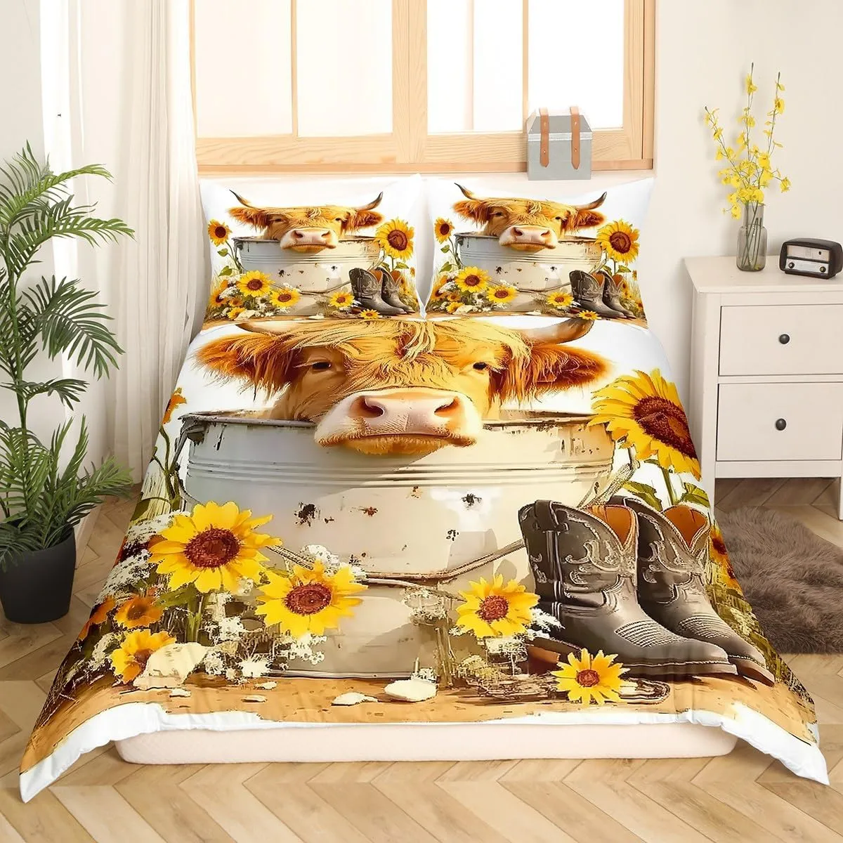 Manfei Cattle Duvet Cover Set Full Size, Yellow Sunflower Bedding Set 3pcs, Western Cowboy Boots Comforter Cover, Kids Boys Girls Room Decor, Soft Polyester Quilt Cover, 2 Pillowcases, No Comforter