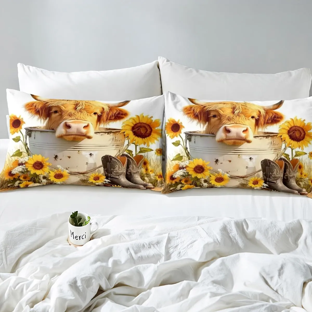 Manfei Cattle Duvet Cover Set Full Size, Yellow Sunflower Bedding Set 3pcs, Western Cowboy Boots Comforter Cover, Kids Boys Girls Room Decor, Soft Polyester Quilt Cover, 2 Pillowcases, No Comforter
