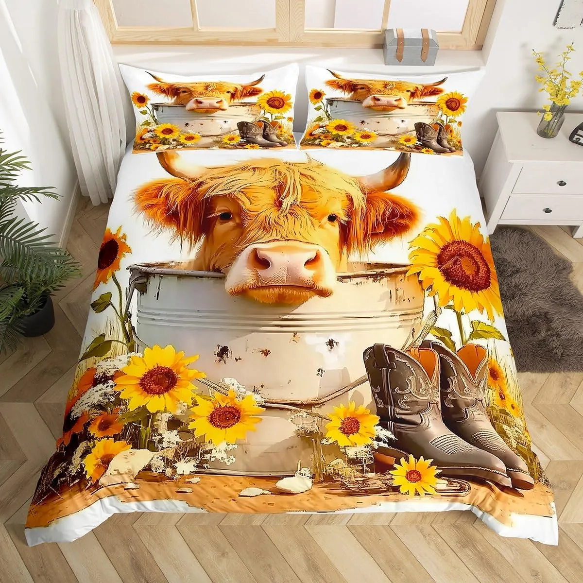 Manfei Cattle Duvet Cover Set Full Size, Yellow Sunflower Bedding Set 3pcs, Western Cowboy Boots Comforter Cover, Kids Boys Girls Room Decor, Soft Polyester Quilt Cover, 2 Pillowcases, No Comforter