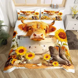 Manfei Cattle Duvet Cover Set Full Size, Yellow Sunflower Bedding Set 3pcs, Western Cowboy Boots Comforter Cover, Kids Boys Girls Room Decor, Soft Polyester Quilt Cover, 2 Pillowcases, No Comforter