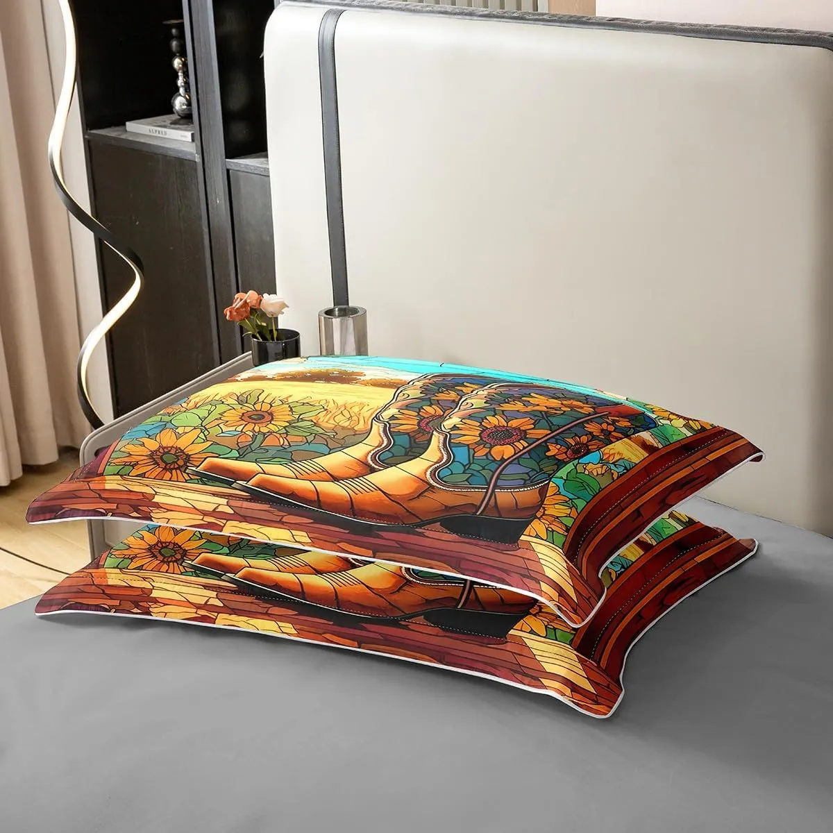 Manfei Cowboy Boots 100% Cotton Duvet Cover Set Twin Size, Yellow Sunflower Bedding Set 2pcs, Wild West Farm Comforter Cover for All Season, Kids Boys Girls Room Decor, 1 Pillowcase, No Comforter