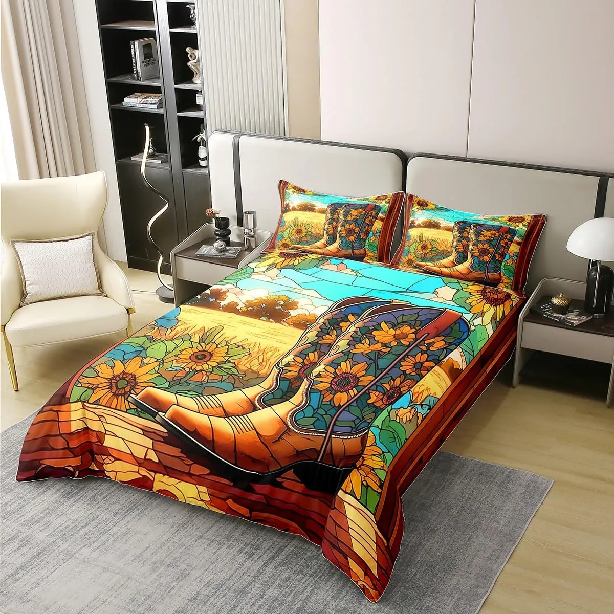 Manfei Cowboy Boots 100% Cotton Duvet Cover Set Twin Size, Yellow Sunflower Bedding Set 2pcs, Wild West Farm Comforter Cover for All Season, Kids Boys Girls Room Decor, 1 Pillowcase, No Comforter