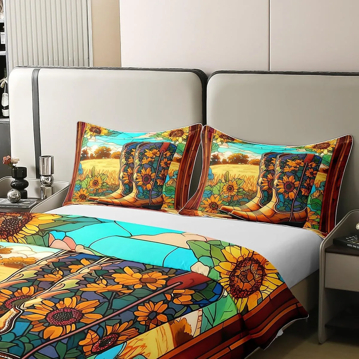 Manfei Cowboy Boots 100% Cotton Duvet Cover Set Twin Size, Yellow Sunflower Bedding Set 2pcs, Wild West Farm Comforter Cover for All Season, Kids Boys Girls Room Decor, 1 Pillowcase, No Comforter
