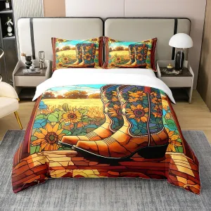 Manfei Cowboy Boots 100% Cotton Duvet Cover Set Twin Size, Yellow Sunflower Bedding Set 2pcs, Wild West Farm Comforter Cover for All Season, Kids Boys Girls Room Decor, 1 Pillowcase, No Comforter