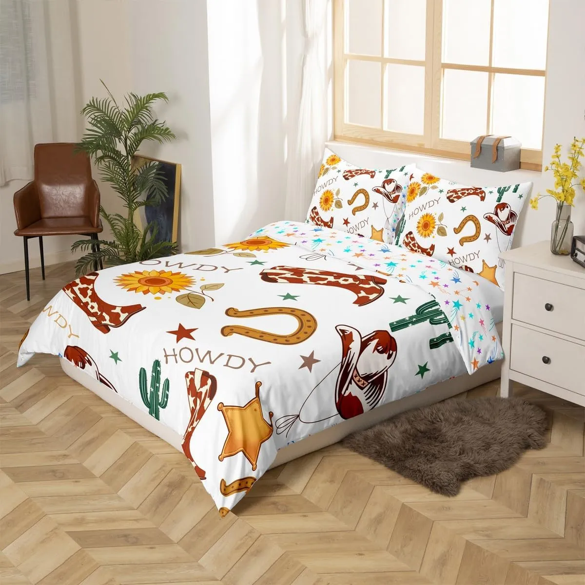 Manfei Cowboy King Size Duvet Cover,Western Boots Hats Texas Star Horseshoe Tribal Duvet Cover for Adults All Season,Rustic Cowhide Desert Cactus Sunflower White Bedding Set,No Comforter