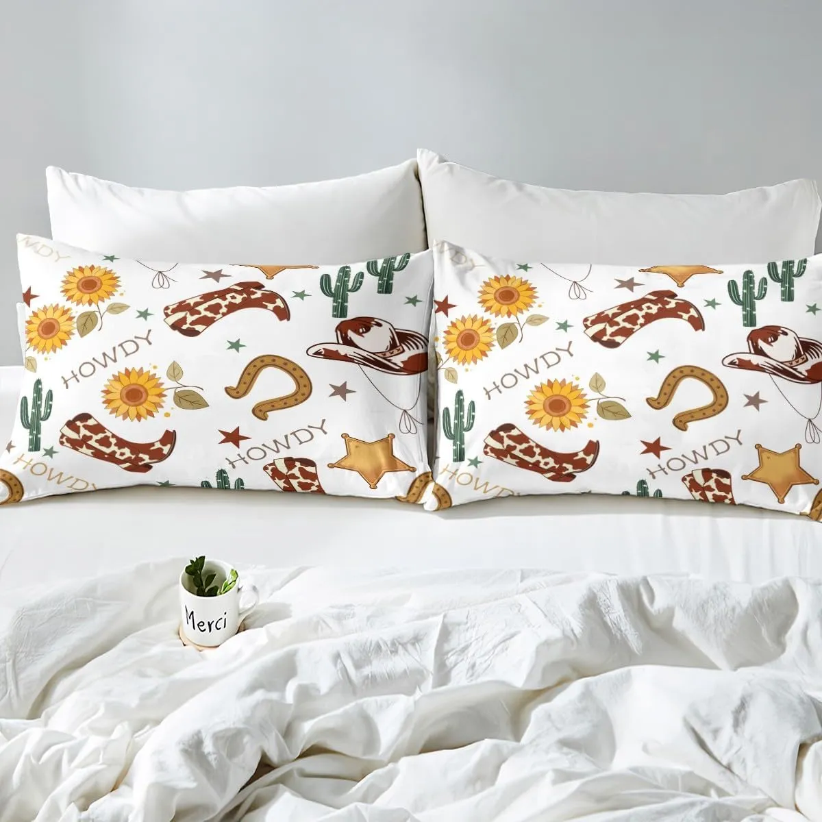 Manfei Cowboy King Size Duvet Cover,Western Boots Hats Texas Star Horseshoe Tribal Duvet Cover for Adults All Season,Rustic Cowhide Desert Cactus Sunflower White Bedding Set,No Comforter