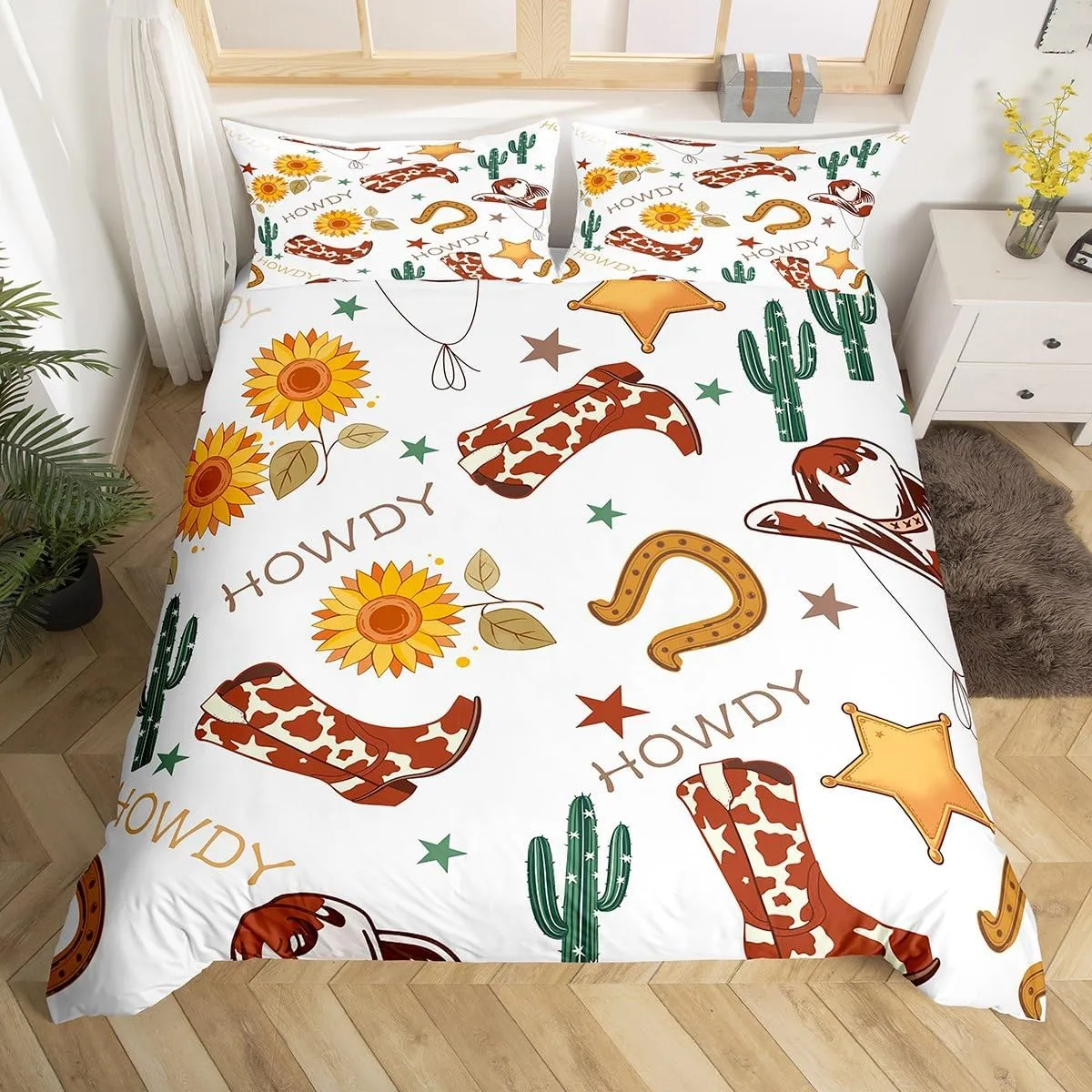 Manfei Cowboy King Size Duvet Cover,Western Boots Hats Texas Star Horseshoe Tribal Duvet Cover for Adults All Season,Rustic Cowhide Desert Cactus Sunflower White Bedding Set,No Comforter