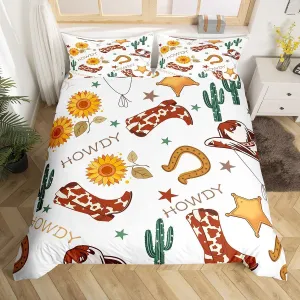 Manfei Cowboy King Size Duvet Cover,Western Boots Hats Texas Star Horseshoe Tribal Duvet Cover for Adults All Season,Rustic Cowhide Desert Cactus Sunflower White Bedding Set,No Comforter