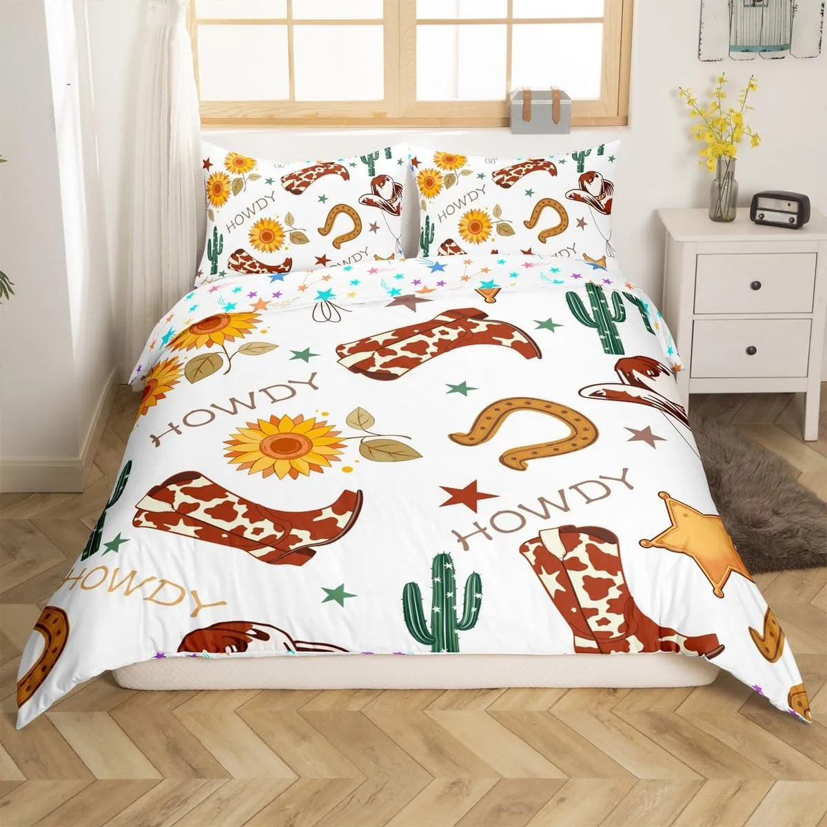 Manfei Cowboy King Size Duvet Cover,Western Boots Hats Texas Star Horseshoe Tribal Duvet Cover for Adults All Season,Rustic Cowhide Desert Cactus Sunflower White Bedding Set,No Comforter