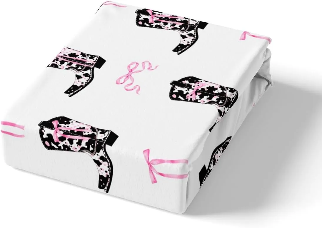 Manfei Cowgirl Boots Duvet Cover Set King Size,Rustic Cowhide Print Tribal Boots Western Bedding Set,Adults Women Room Decor,Pink Bowknot Princess Style Pink Bow Quilt Cover,No Comforter