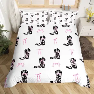 Manfei Cowgirl Boots Duvet Cover Set King Size,Rustic Cowhide Print Tribal Boots Western Bedding Set,Adults Women Room Decor,Pink Bowknot Princess Style Pink Bow Quilt Cover,No Comforter