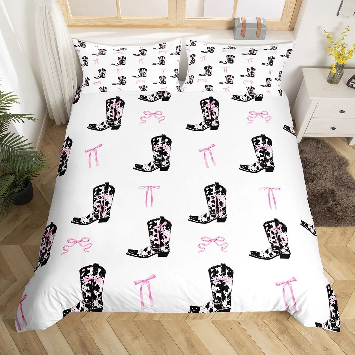 Manfei Cowgirl Boots Duvet Cover Set King Size,Rustic Cowhide Print Tribal Boots Western Bedding Set,Adults Women Room Decor,Pink Bowknot Princess Style Pink Bow Quilt Cover,No Comforter