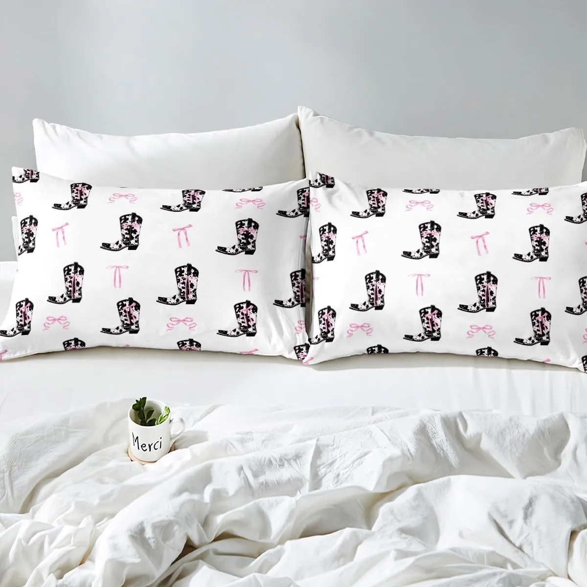 Manfei Cowgirl Boots Duvet Cover Set King Size,Rustic Cowhide Print Tribal Boots Western Bedding Set,Adults Women Room Decor,Pink Bowknot Princess Style Pink Bow Quilt Cover,No Comforter
