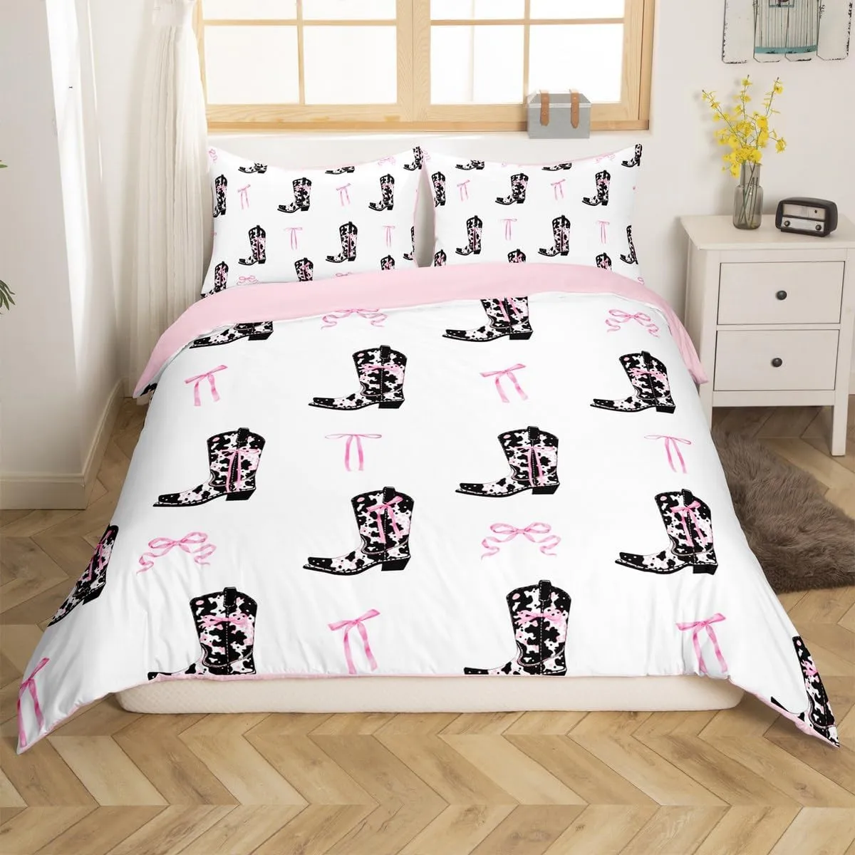 Manfei Cowgirl Boots Duvet Cover Set King Size,Rustic Cowhide Print Tribal Boots Western Bedding Set,Adults Women Room Decor,Pink Bowknot Princess Style Pink Bow Quilt Cover,No Comforter