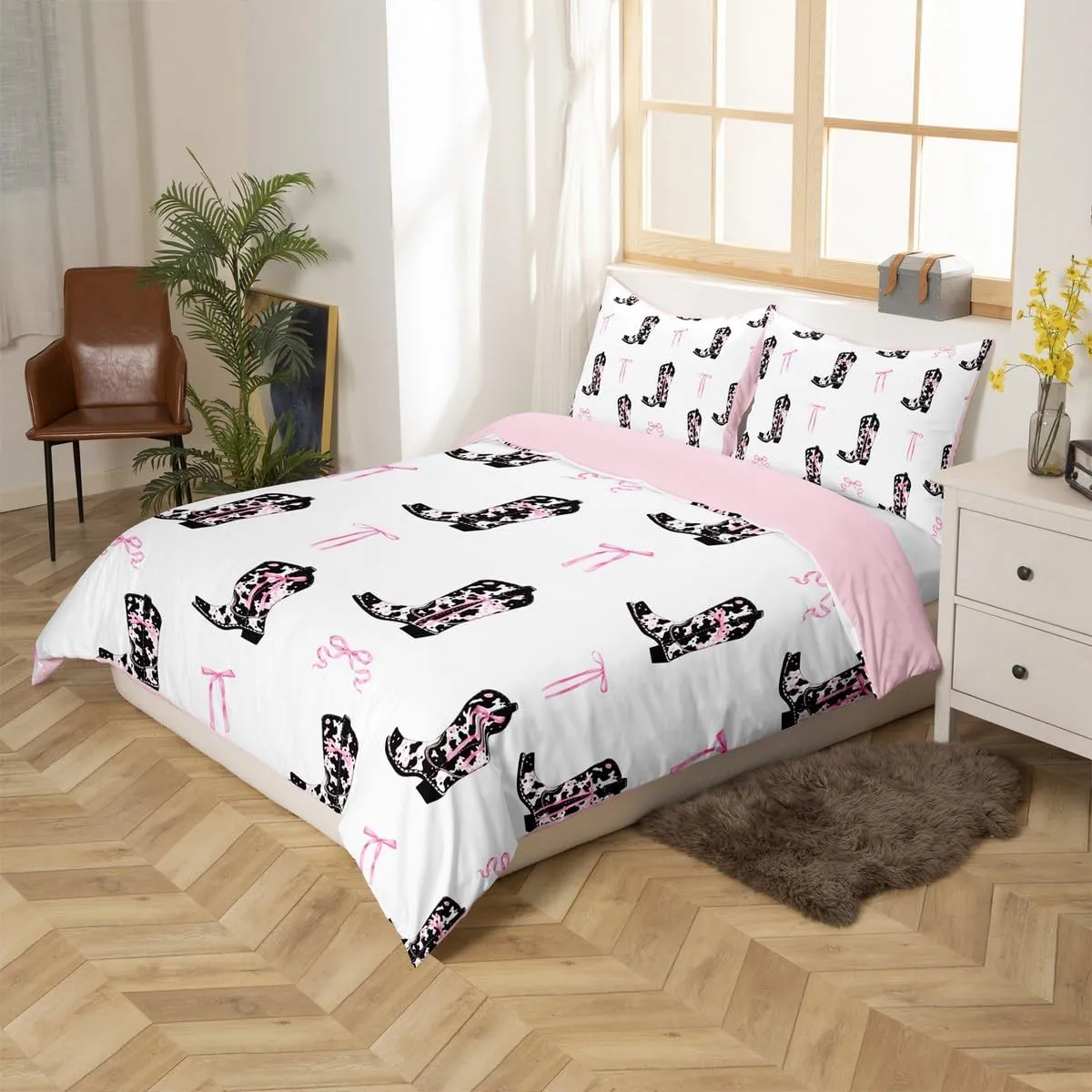 Manfei Cowgirl Boots Duvet Cover Set King Size,Rustic Cowhide Print Tribal Boots Western Bedding Set,Adults Women Room Decor,Pink Bowknot Princess Style Pink Bow Quilt Cover,No Comforter