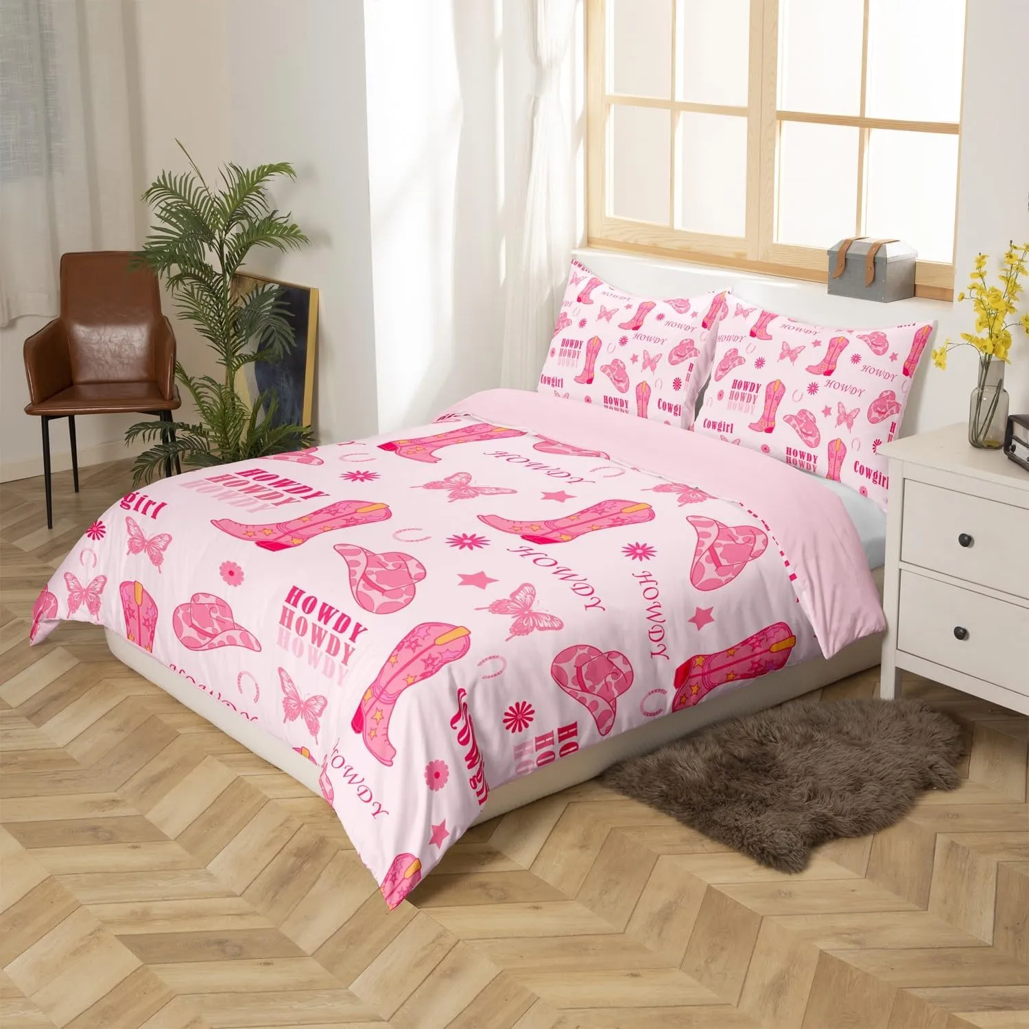 Manfei Cowgirl Boots King Size Duvet Cover,Western Tribal Horseshoe Cap Cowhide Print Duvet Cover for Adults All Season,Pink Butterfly Stars Daisy Flowers Graffiti Bedding Set,No Comforter