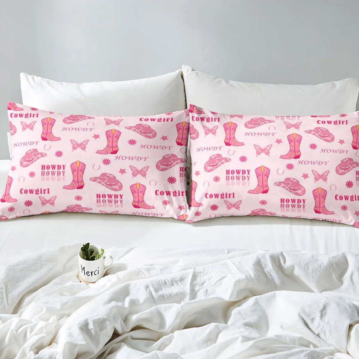 Manfei Cowgirl Boots King Size Duvet Cover,Western Tribal Horseshoe Cap Cowhide Print Duvet Cover for Adults All Season,Pink Butterfly Stars Daisy Flowers Graffiti Bedding Set,No Comforter