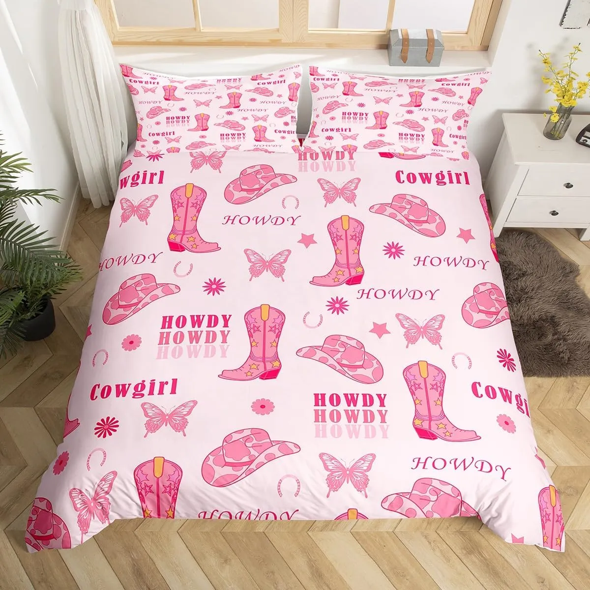 Manfei Cowgirl Boots King Size Duvet Cover,Western Tribal Horseshoe Cap Cowhide Print Duvet Cover for Adults All Season,Pink Butterfly Stars Daisy Flowers Graffiti Bedding Set,No Comforter