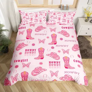 Manfei Cowgirl Boots King Size Duvet Cover,Western Tribal Horseshoe Cap Cowhide Print Duvet Cover for Adults All Season,Pink Butterfly Stars Daisy Flowers Graffiti Bedding Set,No Comforter