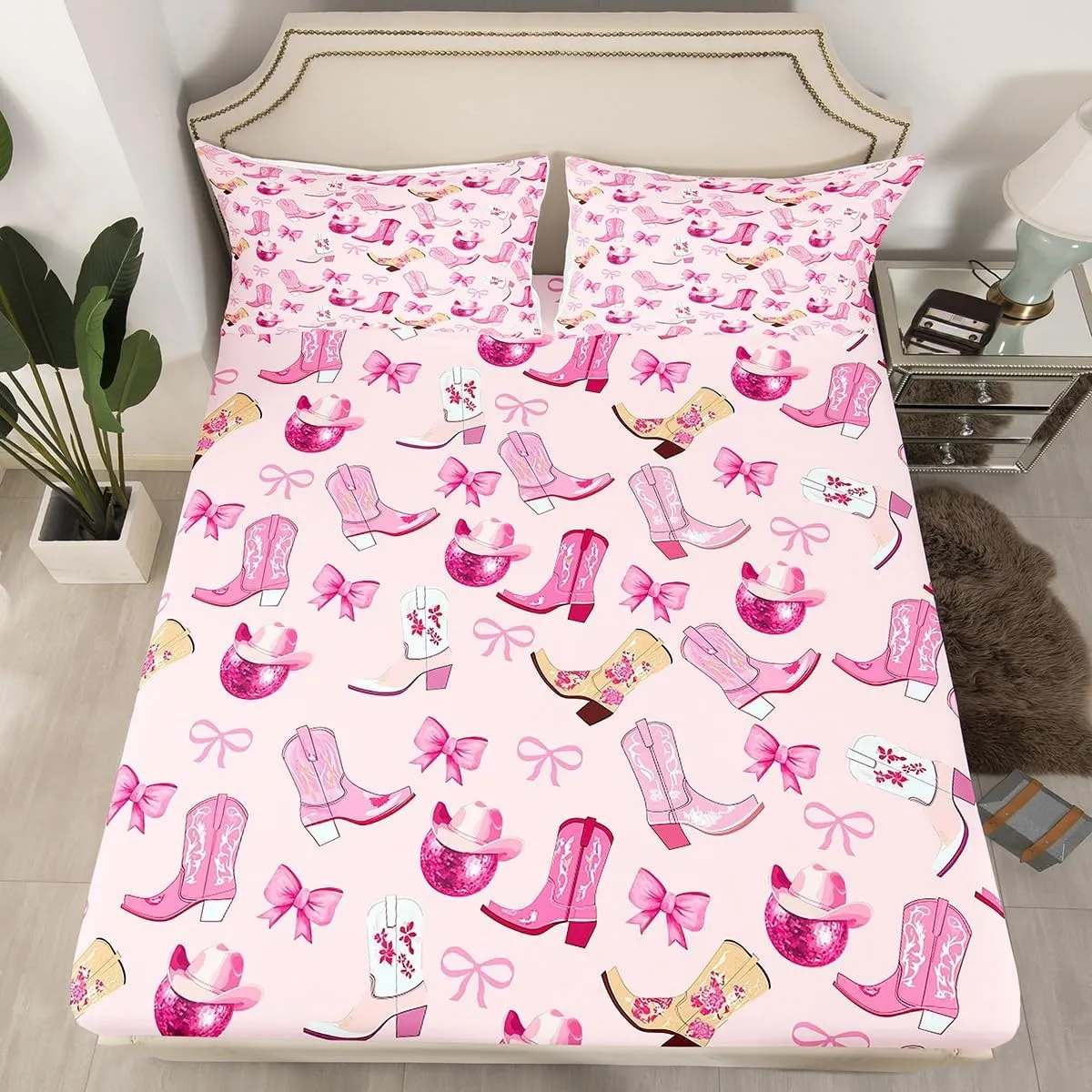 Manfei Cowgirl Kids Fitted Sheet Full Size,Dreamy Bow-tie Bowknot Princess Bedding Set,Girls Women Room Decor,Cowboy Boots Hats Disco Ball Girly Bed Cover,Pink Bed Sheet,2 Pillowcases(No Flat Sheet)