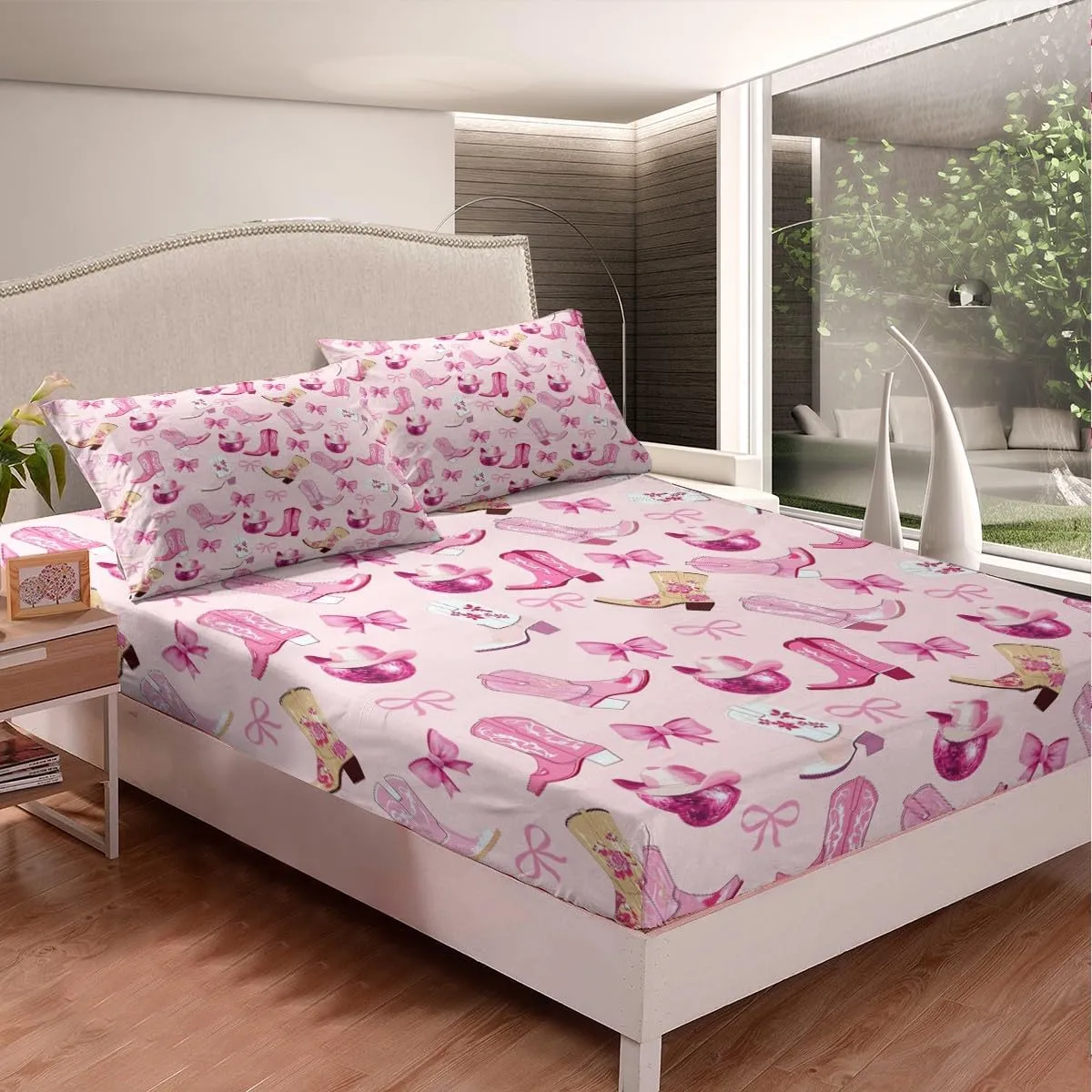 Manfei Cowgirl Kids Fitted Sheet Full Size,Dreamy Bow-tie Bowknot Princess Bedding Set,Girls Women Room Decor,Cowboy Boots Hats Disco Ball Girly Bed Cover,Pink Bed Sheet,2 Pillowcases(No Flat Sheet)