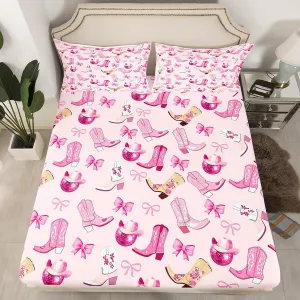 Manfei Cowgirl Kids Fitted Sheet Full Size,Dreamy Bow-tie Bowknot Princess Bedding Set,Girls Women Room Decor,Cowboy Boots Hats Disco Ball Girly Bed Cover,Pink Bed Sheet,2 Pillowcases(No Flat Sheet)