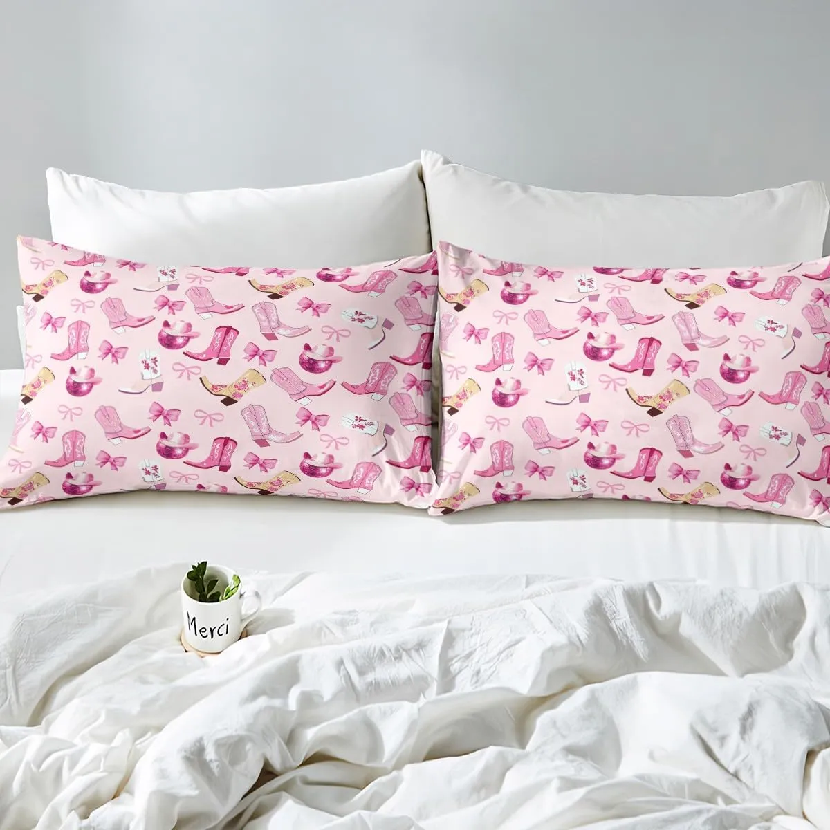 Manfei Cowgirl Kids Fitted Sheet Full Size,Dreamy Bow-tie Bowknot Princess Bedding Set,Girls Women Room Decor,Cowboy Boots Hats Disco Ball Girly Bed Cover,Pink Bed Sheet,2 Pillowcases(No Flat Sheet)