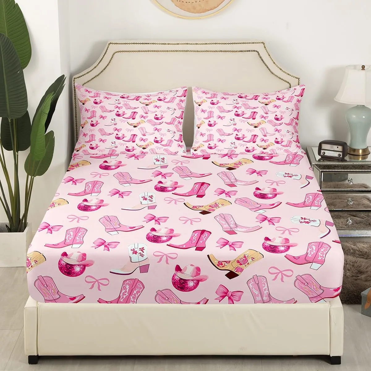 Manfei Cowgirl Kids Fitted Sheet Full Size,Dreamy Bow-tie Bowknot Princess Bedding Set,Girls Women Room Decor,Cowboy Boots Hats Disco Ball Girly Bed Cover,Pink Bed Sheet,2 Pillowcases(No Flat Sheet)