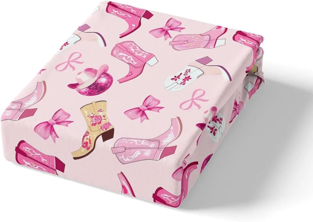 Manfei Cowgirl Kids Fitted Sheet Full Size,Dreamy Bow-tie Bowknot Princess Bedding Set,Girls Women Room Decor,Cowboy Boots Hats Disco Ball Girly Bed Cover,Pink Bed Sheet,2 Pillowcases(No Flat Sheet)