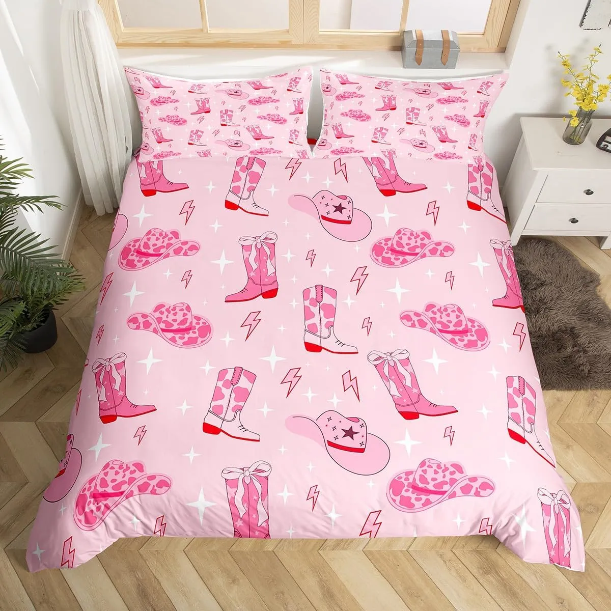 Manfei Cowgirl Pink Duvet Cover Set King Size,Western Cowgirl Boots Hats Tribal Bedding Set,Cartoon Lightning Pink Cowhide Starry Comforter Cover(No Filler) for Adults,3 Pcs