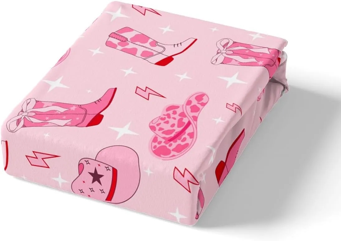 Manfei Cowgirl Pink Duvet Cover Set King Size,Western Cowgirl Boots Hats Tribal Bedding Set,Cartoon Lightning Pink Cowhide Starry Comforter Cover(No Filler) for Adults,3 Pcs