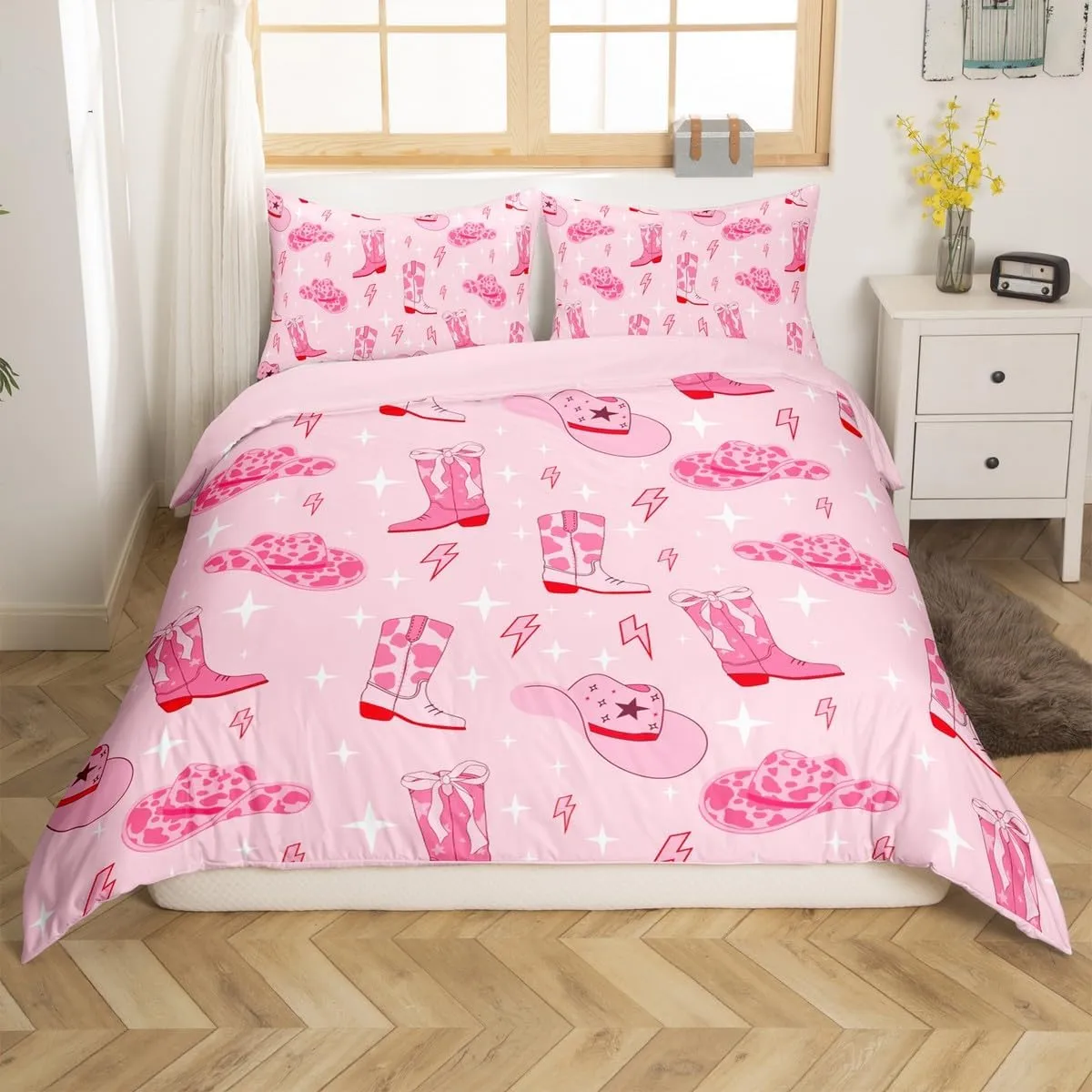 Manfei Cowgirl Pink Duvet Cover Set King Size,Western Cowgirl Boots Hats Tribal Bedding Set,Cartoon Lightning Pink Cowhide Starry Comforter Cover(No Filler) for Adults,3 Pcs