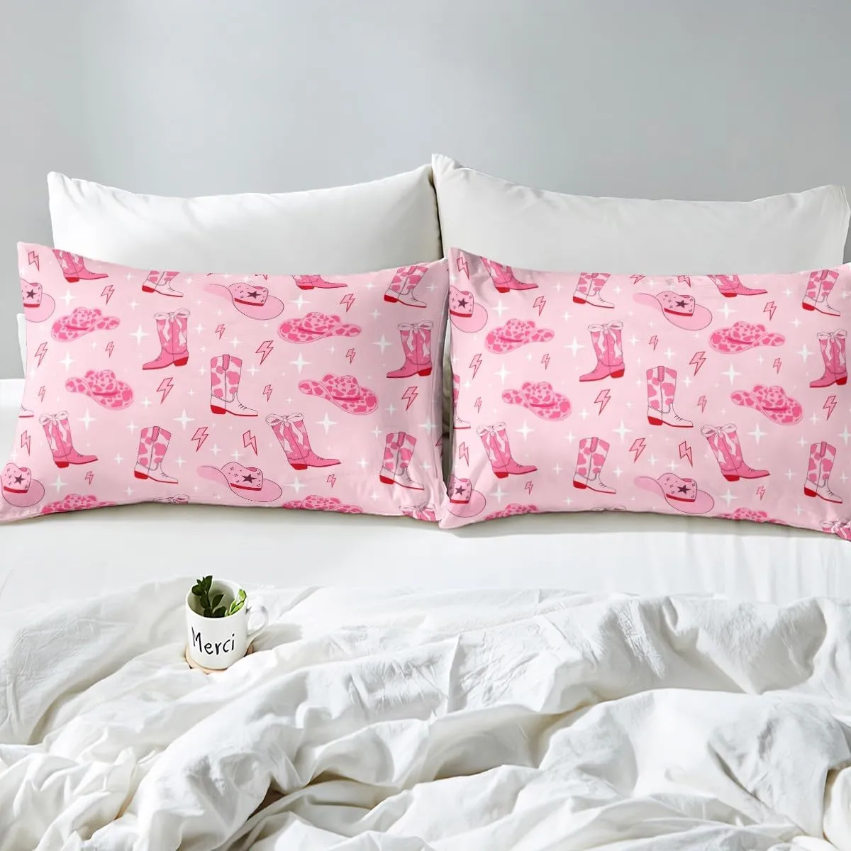 Manfei Cowgirl Pink Duvet Cover Set King Size,Western Cowgirl Boots Hats Tribal Bedding Set,Cartoon Lightning Pink Cowhide Starry Comforter Cover(No Filler) for Adults,3 Pcs