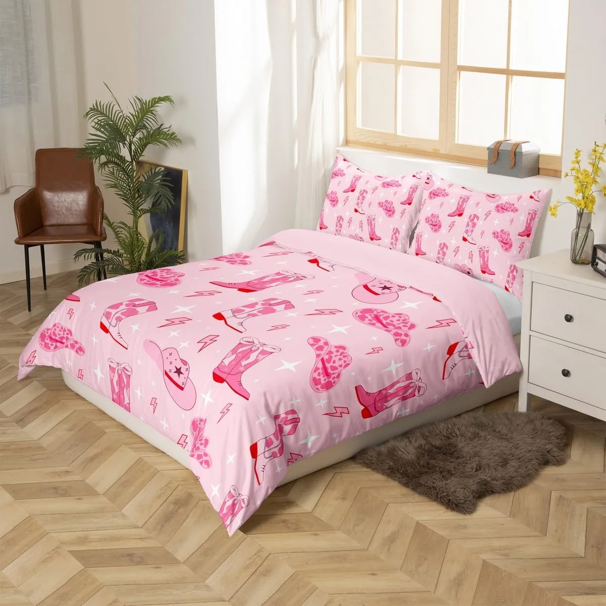 Manfei Cowgirl Pink Duvet Cover Set King Size,Western Cowgirl Boots Hats Tribal Bedding Set,Cartoon Lightning Pink Cowhide Starry Comforter Cover(No Filler) for Adults,3 Pcs