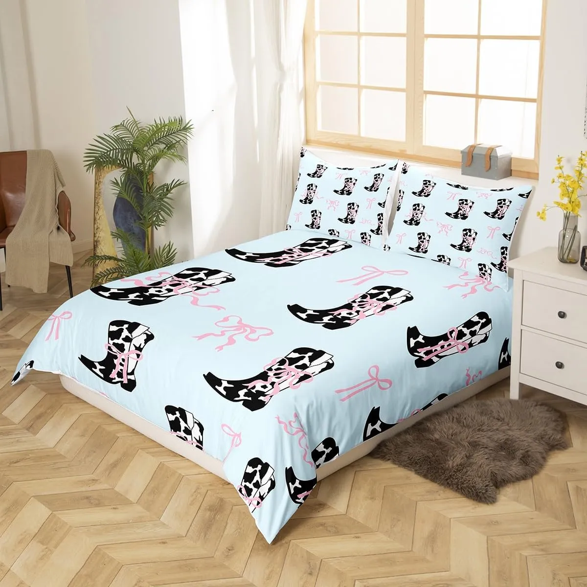 Manfei Cowgirls Duvet Cover Set Full Size, Pink Bows Cow Print Boots Bedding Set 3pcs, Western Cowboy Cute Bowknot Cartoon Blue Quilt Cover, Kids Girl Woman Room Decor, 2 Pillowcases, No Comforter