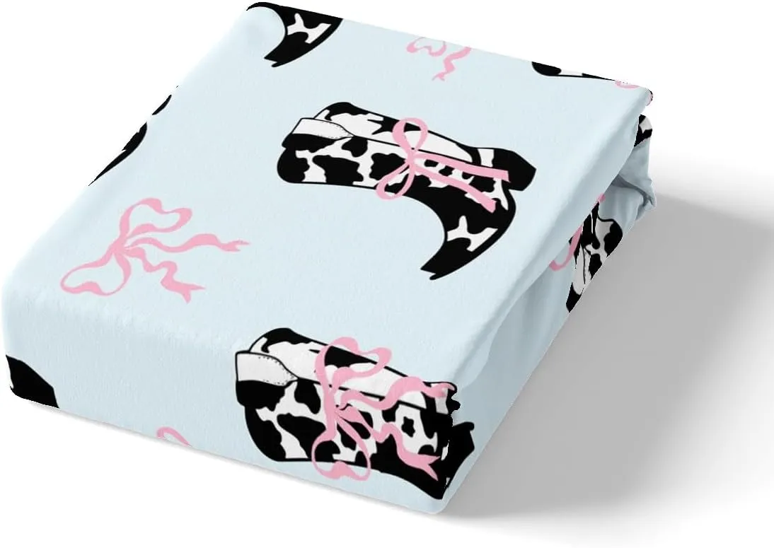 Manfei Cowgirls Duvet Cover Set Full Size, Pink Bows Cow Print Boots Bedding Set 3pcs, Western Cowboy Cute Bowknot Cartoon Blue Quilt Cover, Kids Girl Woman Room Decor, 2 Pillowcases, No Comforter