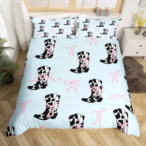 Manfei Cowgirls Duvet Cover Set Full Size, Pink Bows Cow Print Boots Bedding Set 3pcs, Western Cowboy Cute Bowknot Cartoon Blue Quilt Cover, Kids Girl Woman Room Decor, 2 Pillowcases, No Comforter