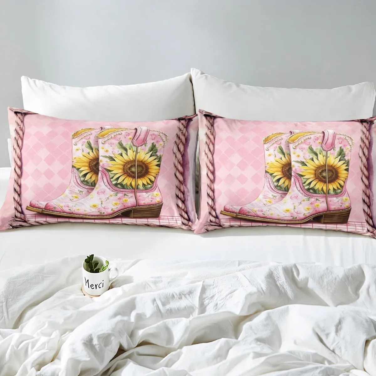 Manfei Pink Boots Duvet Cover Set Full Size, Yellow Sunflower Cowgirls Boots Western Bedding Set 3pcs, Pink Plaid Print Quilt Cover, Kids Girls Women Room Decor, 2 Pillowcases, No Comforter