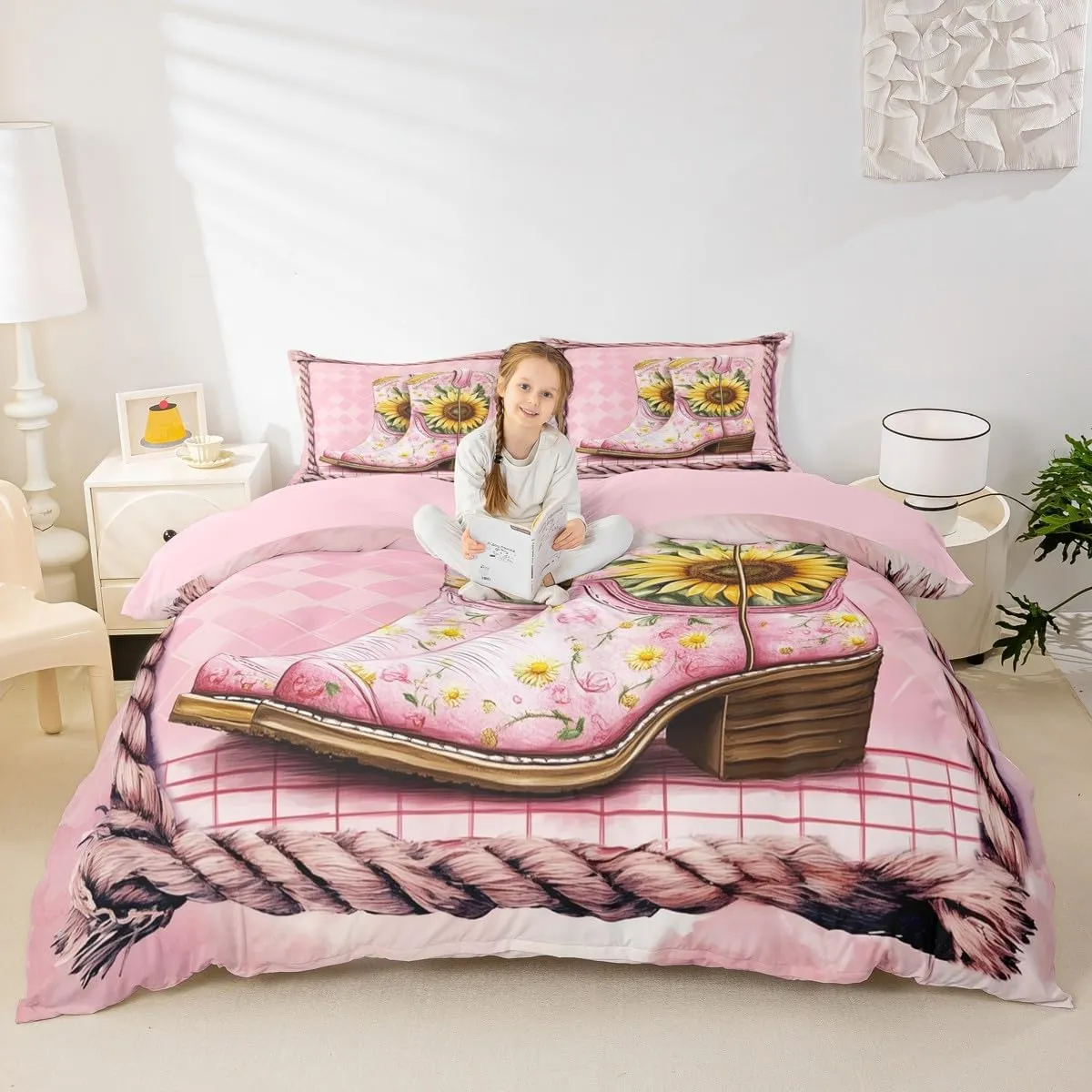 Manfei Pink Boots Duvet Cover Set Full Size, Yellow Sunflower Cowgirls Boots Western Bedding Set 3pcs, Pink Plaid Print Quilt Cover, Kids Girls Women Room Decor, 2 Pillowcases, No Comforter