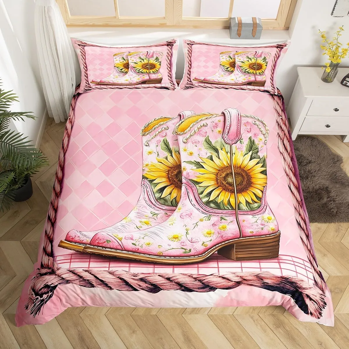 Manfei Pink Boots Duvet Cover Set Full Size, Yellow Sunflower Cowgirls Boots Western Bedding Set 3pcs, Pink Plaid Print Quilt Cover, Kids Girls Women Room Decor, 2 Pillowcases, No Comforter