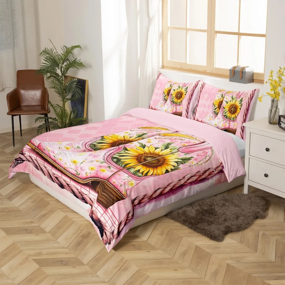 Manfei Pink Boots Duvet Cover Set Full Size, Yellow Sunflower Cowgirls Boots Western Bedding Set 3pcs, Pink Plaid Print Quilt Cover, Kids Girls Women Room Decor, 2 Pillowcases, No Comforter