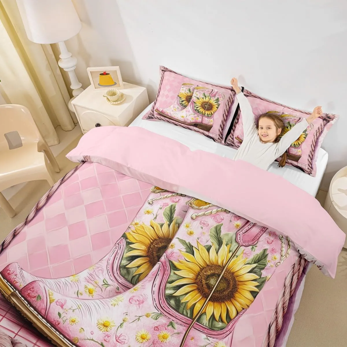 Manfei Pink Boots Duvet Cover Set Full Size, Yellow Sunflower Cowgirls Boots Western Bedding Set 3pcs, Pink Plaid Print Quilt Cover, Kids Girls Women Room Decor, 2 Pillowcases, No Comforter