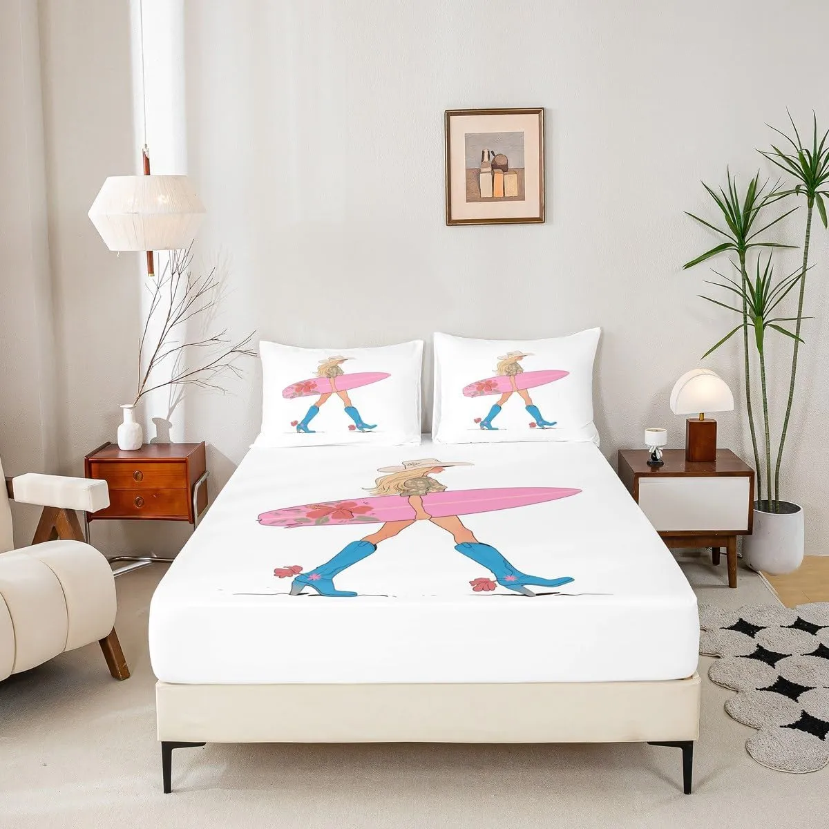 Manfei Western Cowgirl Sheet Queen Size,Cowgirl Boots Surfboard Summer Beach Girls Boys Bedding Set,Flowers Rustic Lake House Cabin Pink Chic Bed Sheet Set 4pcs(Fitted   Flat   2 Pillowcases)