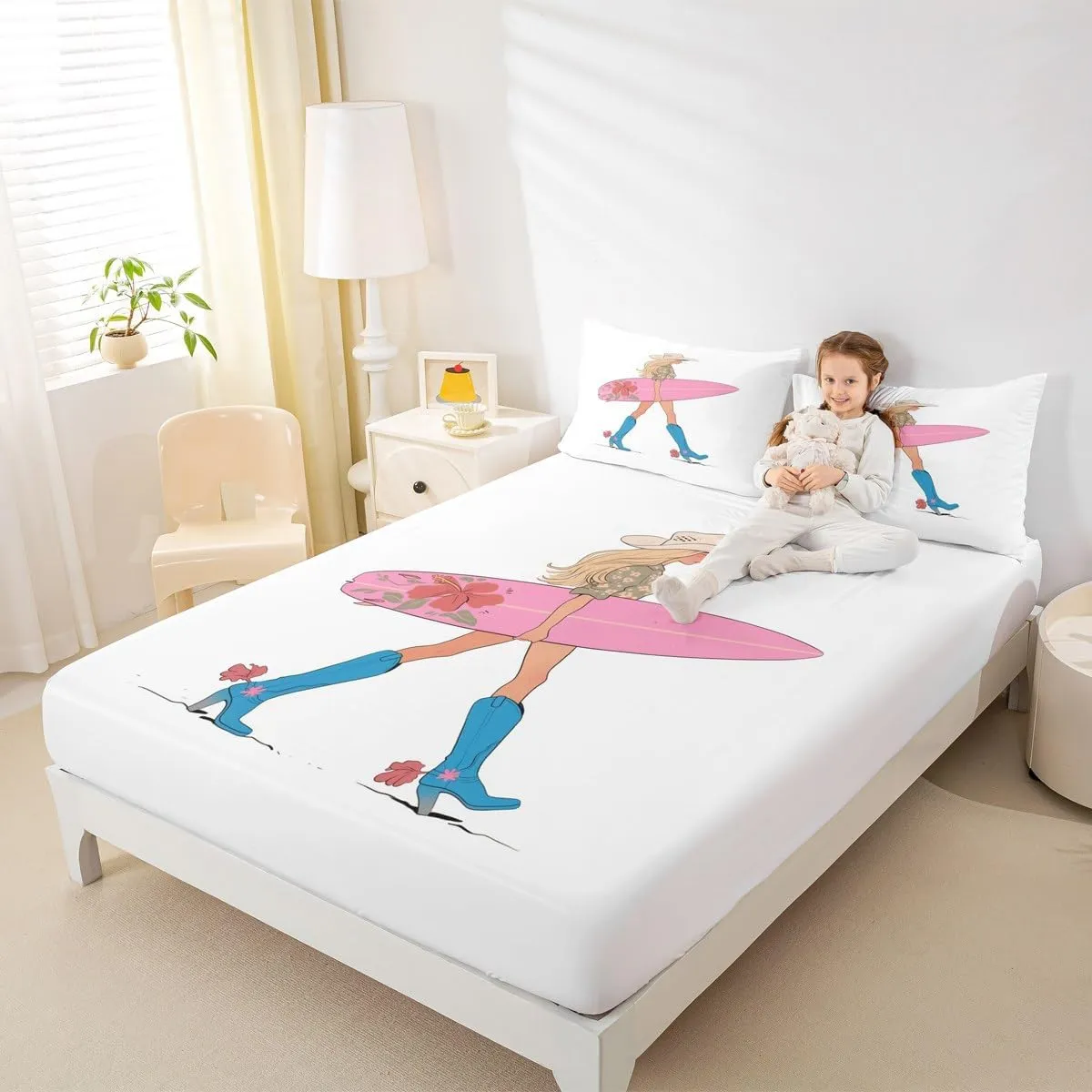 Manfei Western Cowgirl Sheet Queen Size,Cowgirl Boots Surfboard Summer Beach Girls Boys Bedding Set,Flowers Rustic Lake House Cabin Pink Chic Bed Sheet Set 4pcs(Fitted   Flat   2 Pillowcases)