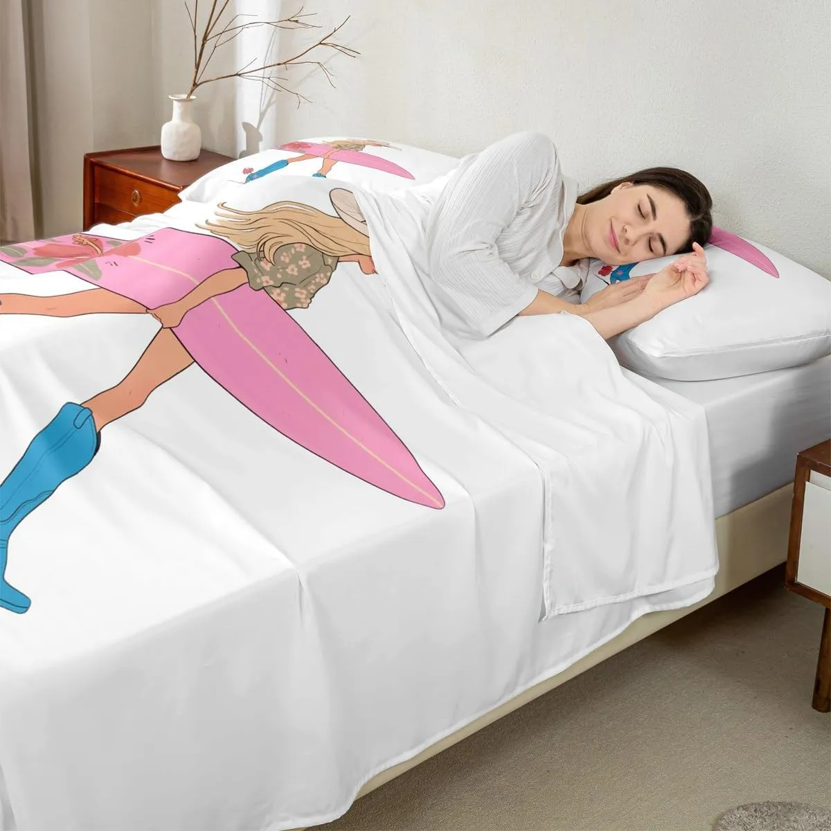 Manfei Western Cowgirl Sheet Queen Size,Cowgirl Boots Surfboard Summer Beach Girls Boys Bedding Set,Flowers Rustic Lake House Cabin Pink Chic Bed Sheet Set 4pcs(Fitted   Flat   2 Pillowcases)