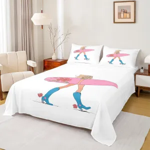 Manfei Western Cowgirl Sheet Queen Size,Cowgirl Boots Surfboard Summer Beach Girls Boys Bedding Set,Flowers Rustic Lake House Cabin Pink Chic Bed Sheet Set 4pcs(Fitted   Flat   2 Pillowcases)