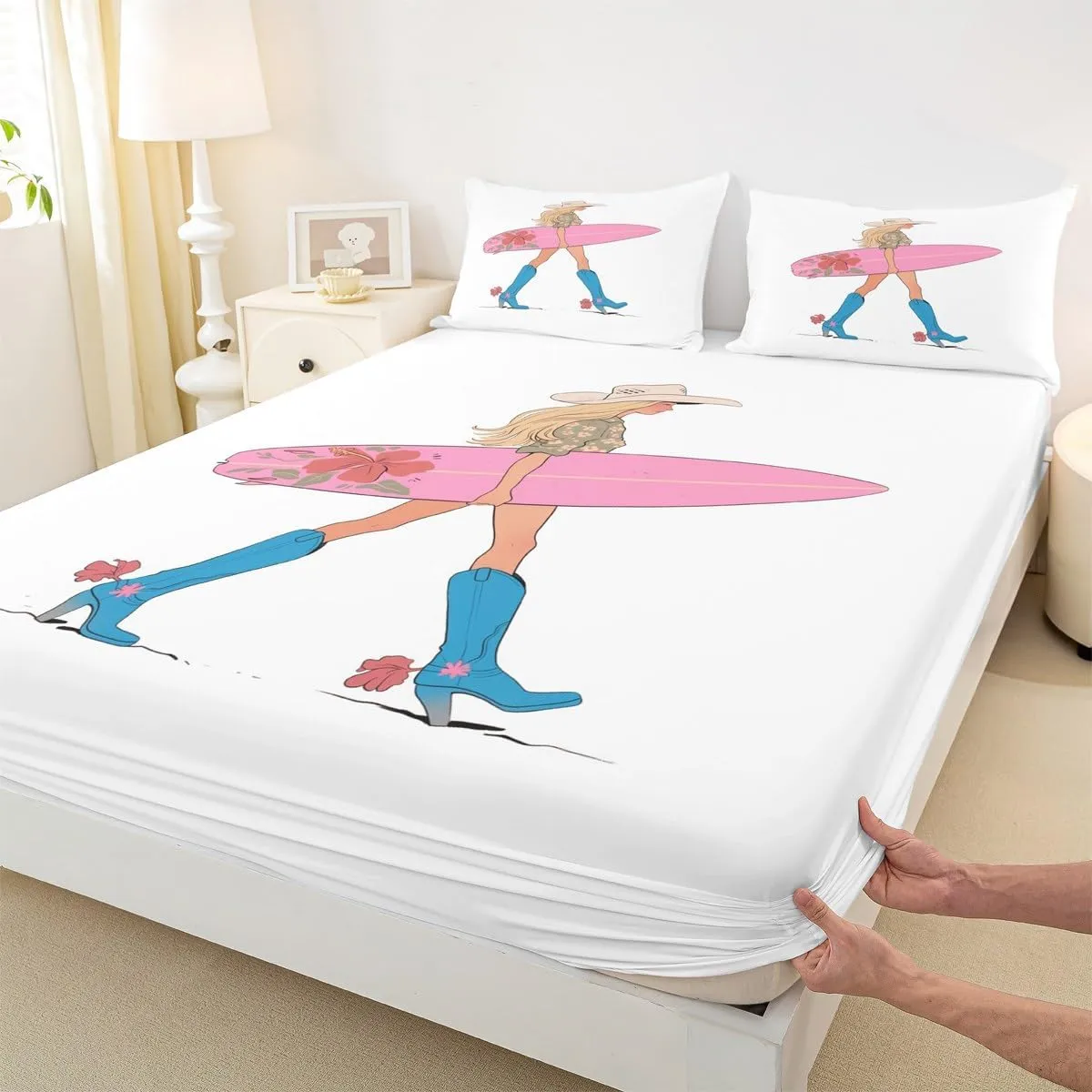 Manfei Western Cowgirl Sheet Queen Size,Cowgirl Boots Surfboard Summer Beach Girls Boys Bedding Set,Flowers Rustic Lake House Cabin Pink Chic Bed Sheet Set 4pcs(Fitted   Flat   2 Pillowcases)