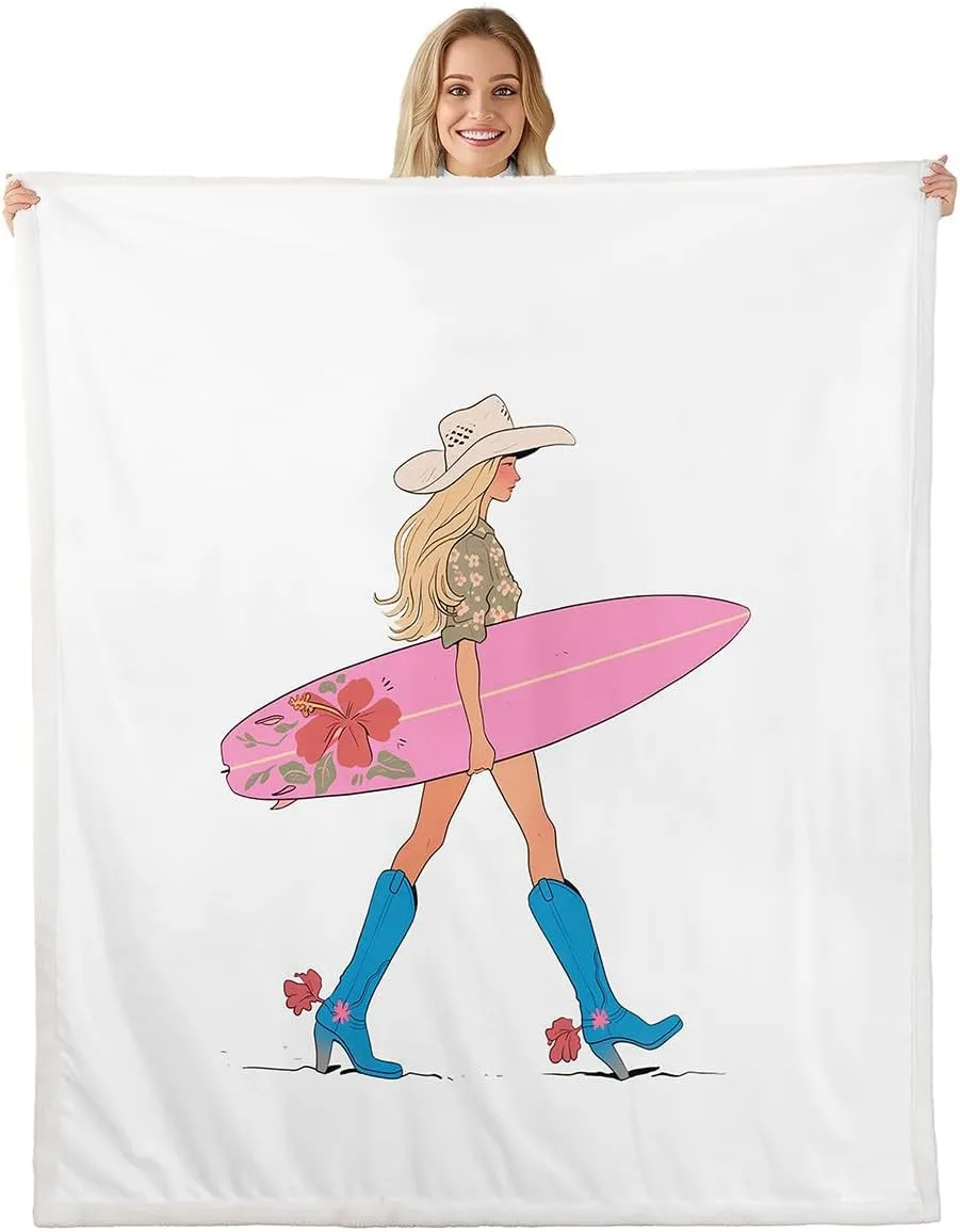 Manfei Western Cowgirl Throw Blanket,Cowgirl Boots Surfboard Summer Beach Girls Boys Bed Blanket,Flowers Rustic Lake House Cabin Pink Chic Fuzzy Blanket,40 x 50 Inches