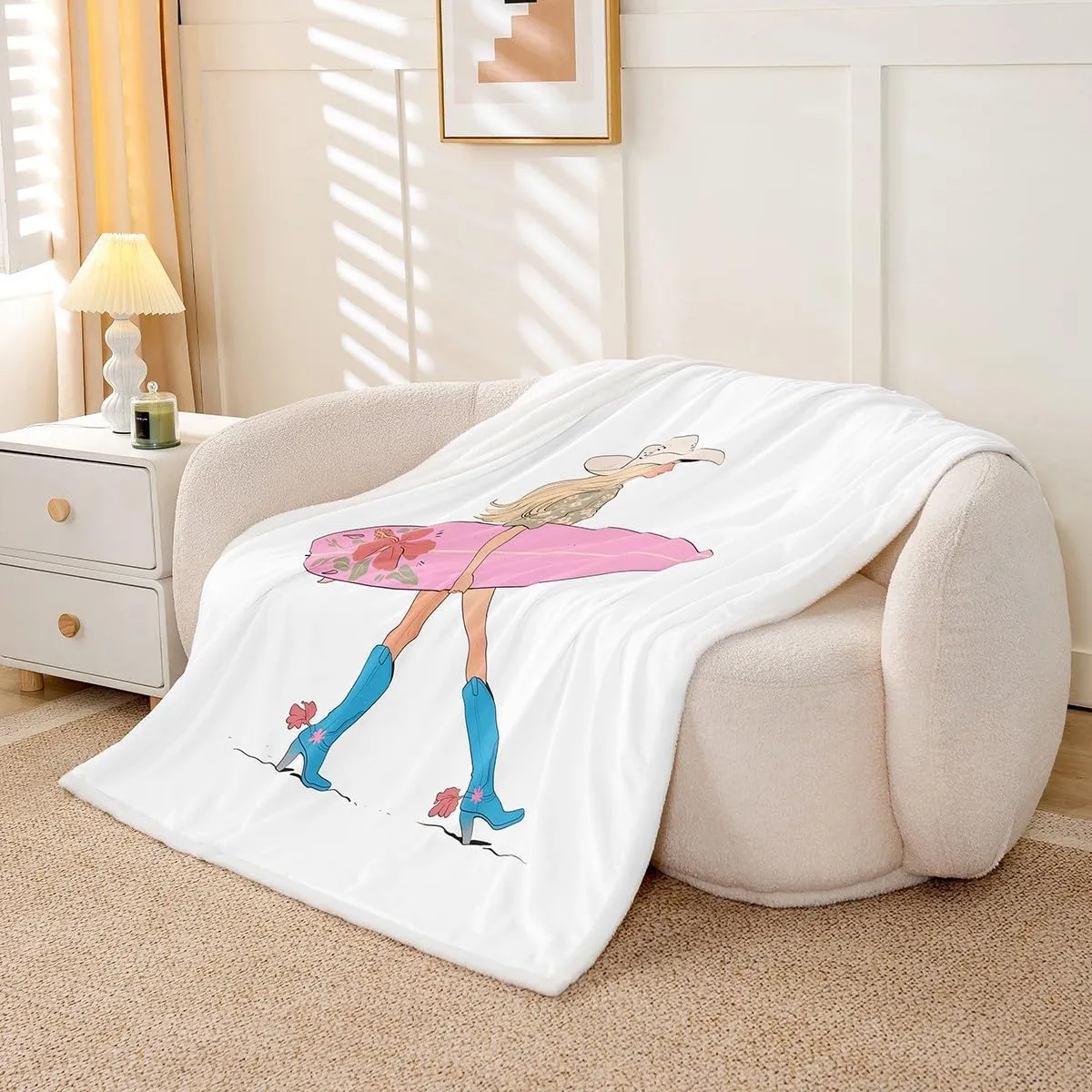 Manfei Western Cowgirl Throw Blanket,Cowgirl Boots Surfboard Summer Beach Girls Boys Bed Blanket,Flowers Rustic Lake House Cabin Pink Chic Fuzzy Blanket,40 x 50 Inches