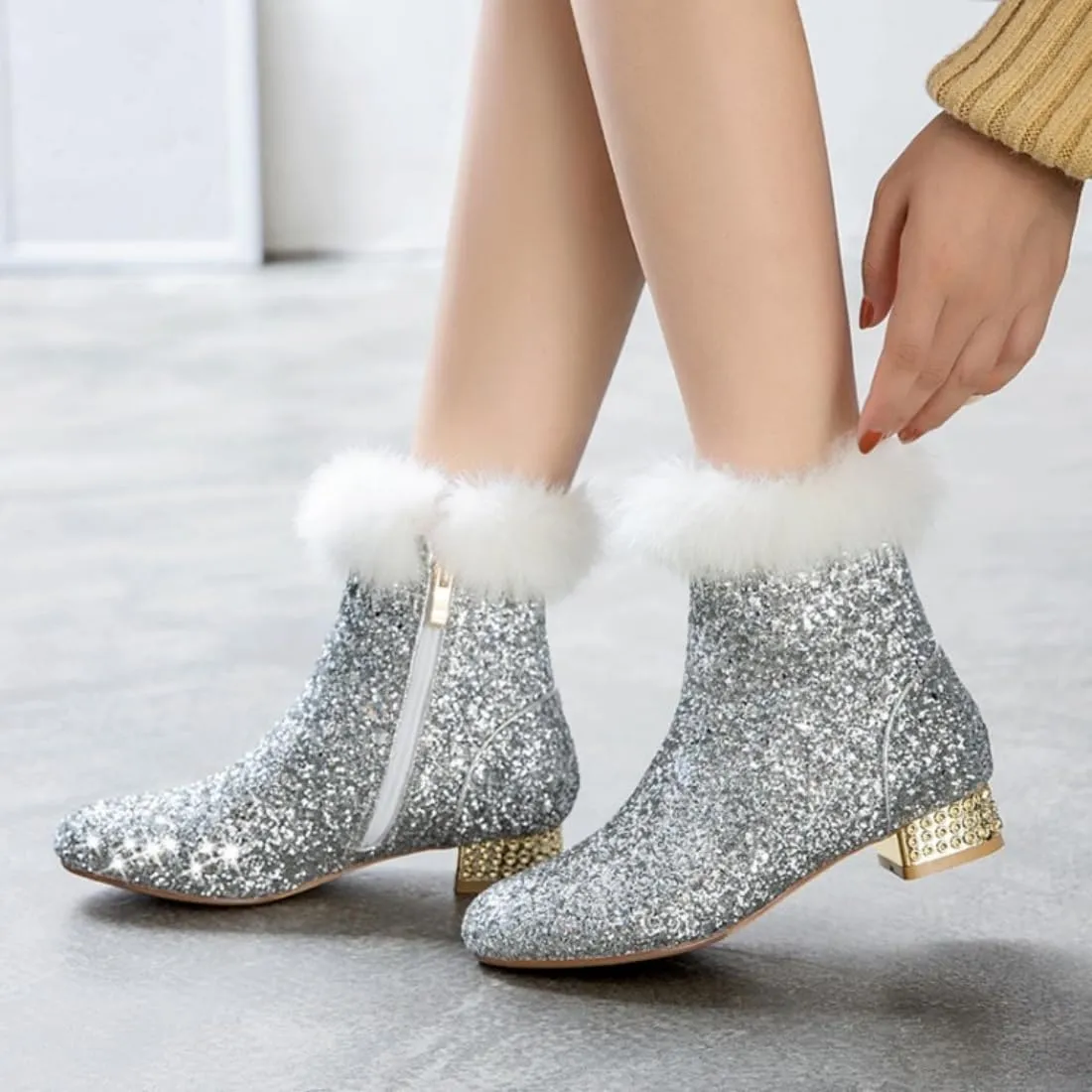 MAVMAX Sequin Low Heeled Ankle Boots Women Sparkly Glitter Block Heel Booties